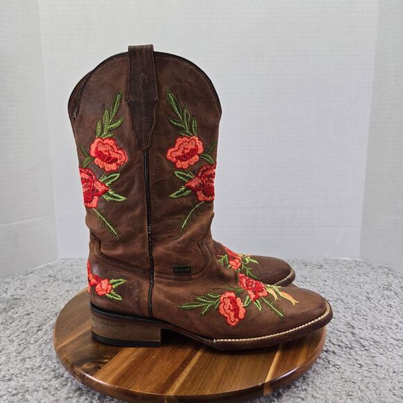 McAllen Boots Brown Leather Floral Embroidered Square Toe Western MX 26.5 US 9.5 - Picture 7 of 16